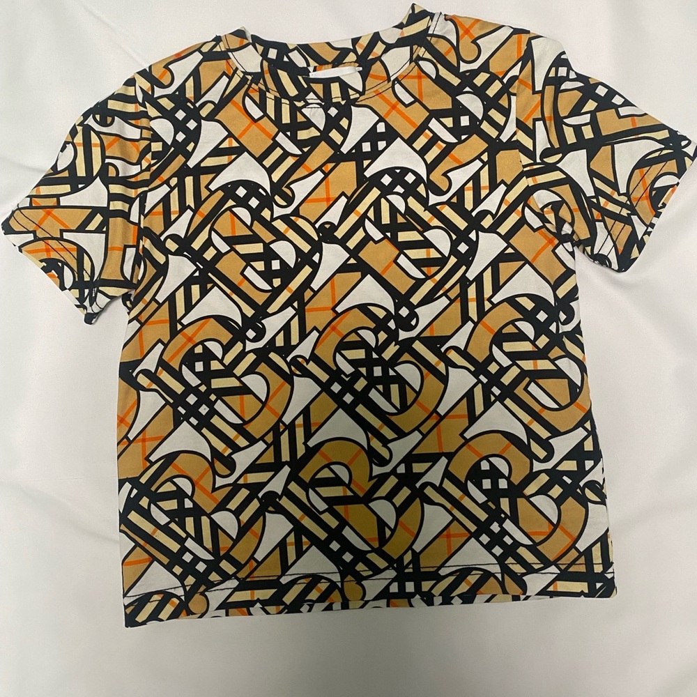 Burberry Abstract Patterned Tee in Black, Orange, and White